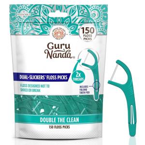 GuruNanda Dual Slickers Floss Picks – Double Threaded Dyneema Dental Floss with Foldable Toothpick for Effective Plaque Removal – Unflavored- 150 Ct(150 Count)