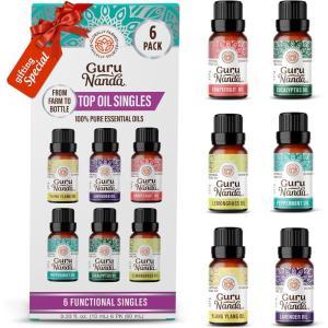 GuruNanda Essential Oil Blends (Set of 6) – Natural Essential Oil Set, Aromatherapy Oil Blends for Diffusers – Breathe Easy, Tranquility, Harmony, Calming Sleep, Relaxation & Thrive(Singles EO – 6 Pack)