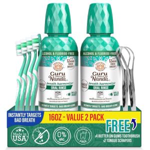 GuruNanda Fresh Breath Mouthwash, ADA-Accepted, Alcohol & Fluoride-Free, Sodium Chlorite, Essential Oils & Vitamins, 12-Hrs Fresh Breath, Wild Mint, 3 oz(16 Fl Oz (Pack of 2))