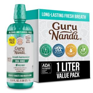 GuruNanda Fresh Breath Mouthwash, ADA-Accepted, Alcohol & Fluoride-Free, Sodium Chlorite, Essential Oils & Vitamins, 12-Hrs Fresh Breath, Wild Mint, 3 oz(33.8 Fl Oz (Pack of 1))