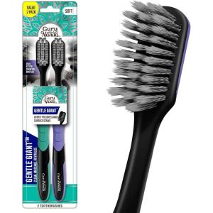 GuruNanda Gentle Giant Toothbrush with Dual Action Flossing Spiral Bristles, Non-Slip Ergo Dexa Grip, Helps in Teeth Whitening, BPA Free, (4 Count)(Charcoal)