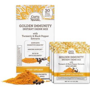 GuruNanda Golden Immunity Instant Drink Mix with Turmeric & Black Pepper – Rich in Antioxidants to Support Immune System & Digestive Health – Saffron & Almond Flavored, On-The-Go Sachets (30 Count)