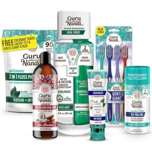 GuruNanda Gum Hygiene Makeover Kit with Ashwagandha & Cocomint (Travel Size) Oil Pulling, Neem Toothpaste, Breath Harmonizer Mouthwash, 2-in-1 Floss Picks & Whitening Toothbrushes