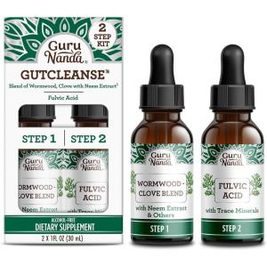 GuruNanda Gutcleanse 2-Step Kit – Dietary Supplement to Help with Digestion – Blend of Fulvic Acid, Wormwood, Clove & Neem Extract, 2×1 FlOz