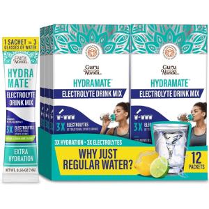 GuruNanda Hydramate Hydration Support Drink Mix – Electrolyte Powder Packets for Dehydration, Exercise & Energy – No Added Sweeteners, Non-GMO, Natural Lemon Lime Flavor – 12 Count (0.56 oz Each)(6.72 Ounce (Pack of 1))