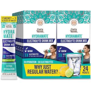 GuruNanda Hydramate Hydration Support Drink Mix – Electrolyte Powder Packets for Dehydration, Exercise & Energy – No Added Sweeteners, Non-GMO, Natural Lemon Lime Flavor – 12 Count (0.56 oz Each)(13.44 Ounce (Pack of 1))