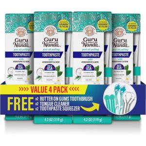 GuruNanda Hydroxyapatite Toothpaste, SLS & Fluoride Free (4 Pack), Whitening Toothpaste – Freshens Breath, Fights Plaque – with 2 Toothbrushes, 2 Tongue Scrapers & 2 Tube Squeezers(4.2 Ounce (Pack of 4))