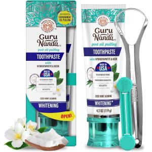 GuruNanda Hydroxyapatite Toothpaste, SLS & Fluoride Free (4 Pack), Whitening Toothpaste – Freshens Breath, Fights Plaque – with 2 Toothbrushes, 2 Tongue Scrapers & 2 Tube Squeezers(4.2 Ounce (Pack of 1))