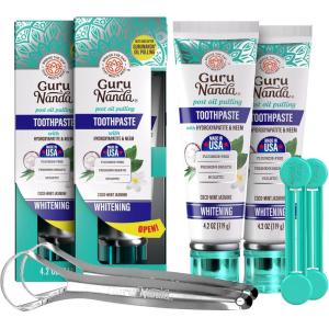 GuruNanda Hydroxyapatite Toothpaste, SLS & Fluoride Free (4 Pack), Whitening Toothpaste – Freshens Breath, Fights Plaque – with 2 Toothbrushes, 2 Tongue Scrapers & 2 Tube Squeezers(4.2 Ounce (Pack of 2))