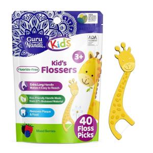 GuruNanda Kids Butter On Gums Cute Giraffe Toothbrush with Tongue Scraper & Cover – Super Soft Bristles for Gentle Cleaning -Ergonomic Handle (Age 1+)(40 Count – Floss)