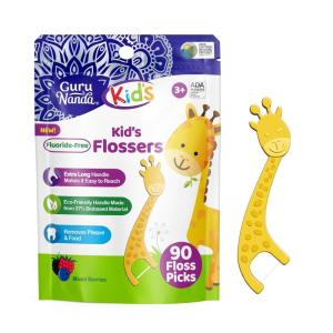GuruNanda Kids Butter On Gums Cute Giraffe Toothbrush with Tongue Scraper & Cover – Super Soft Bristles for Gentle Cleaning -Ergonomic Handle (Age 1+)(90 Count – Floss)