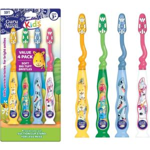 GuruNanda Kids Toothbrush with Suction Cup & Fun Animal Designs – Soft Bristles for Healthy Gums- Non-Slippery & Mess-Free Toothbrush, 3+ Age- 4 Count(Suction Cup Toothbrush)