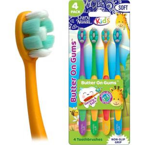 GuruNanda Kids Toothbrush with Suction Cup & Fun Animal Designs – Soft Bristles for Healthy Gums- Non-Slippery & Mess-Free Toothbrush, 3+ Age- 4 Count(Butter on Gums Toothbrush)