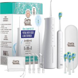 GuruNanda Lion & Lamb Kit 2.0, Electric Toothbrush with Water Flosser Combo, 4 Jet Tips, 4 Brush Heads, & IPX7 Waterproof Design for Complete Oral Care, Lavender(White)