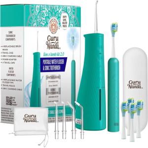 GuruNanda Lion & Lamb Kit 2.0, Electric Toothbrush with Water Flosser Combo, 4 Jet Tips, 4 Brush Heads, & IPX7 Waterproof Design for Complete Oral Care, Lavender(Teal)