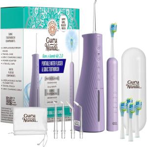 GuruNanda Lion & Lamb Kit 2.0, Electric Toothbrush with Water Flosser Combo, 4 Jet Tips, 4 Brush Heads, & IPX7 Waterproof Design for Complete Oral Care, Lavender(Lavender)