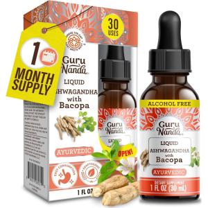GuruNanda Liquid Ashwagandha with Bacopa (1 Fl Oz) – Natural Dietary Supplement- Liquid Extract Drops – for Men & Women- Vegan & Alcohol-Free – Aids in Immune, Focus & Relaxation Support