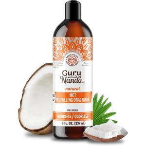 GuruNanda MCT Oil Pulling Mouthwash for Gentle & Natural Oral Care, Pure Coconut Oil Extracts, Unflavoured, Odorless, & Colorless, Alcohol-Free, 8 Oz