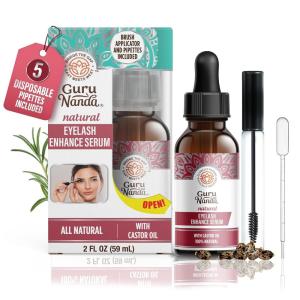 GuruNanda Natural Castor Oil Eyelash Enhance Serum with Rosemary Oil – Brush Applicator & 5 Pipettes, Helps Natural Hair Growth for Eyebrows & Beards, 2 Fl Oz