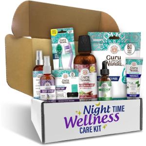 GuruNanda Nighttime Wellness Care Kit – Ashwagandha Oil Pulling, Hydroxyapatite Toothpaste, Magnesium Spray, Toothbrush, Floss Picks, Vitamin E Oil, & Sleep Spray
