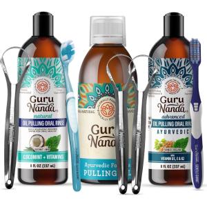 GuruNanda Oil Pulling Bundle with CocoMint 7 Essential Oils (8 Fl. Oz), Original (8.45 Fl. Oz) & Advanced (8 Fl. Oz) – Ayurvedic Blend for Happy Teeth & Gums