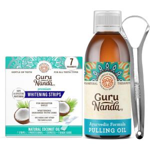 GuruNanda Original Oil Pulling with Tongue Scraper & Teeth Whitening Strips – 7 Treatments with 14 Strips – Enamel-Safe Strips for Sensitive Teeth