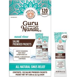 GuruNanda PreMixed Saline Packets for Nasal Rinse (8 Count), All Natural Sinus Rinse Packets to Help with Allergies & Congestion Relief, 0.08oz Each(Saline Packets (120 count))
