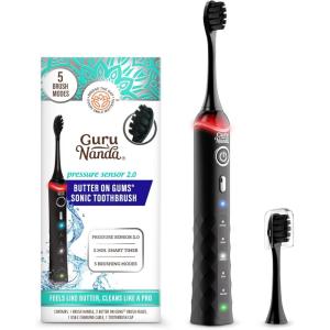 GuruNanda Pressure Sonic 2.0 Electric Toothbrush with Butter On Gums Bristles – Smart Pressure Sensor, 5 Modes, 2-Min Timer, 55-Day Rechargeable Battery, IPX7 Waterproof, Black
