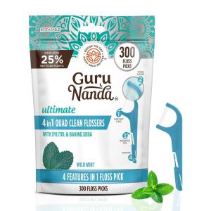 GuruNanda Quad Clean Floss Picks 4-in-1 with Tongue Scraper, Interdental Pik & Toothpick, Non-Shred Dyneema Thread, with Xylitol & Baking Soda, 300 ct(300 Count)