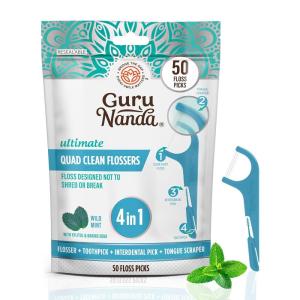 GuruNanda Quad Clean Floss Picks 4-in-1 with Tongue Scraper, Interdental Pik & Toothpick, Non-Shred Dyneema Thread, with Xylitol & Baking Soda, 300 ct(50 Count)