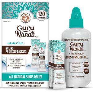 GuruNanda Sinus Rinse Bottle & Saline Premixed Packets 120ct – All Natural Sinus Rinse Packets to Help with Allergies & Congestion Relief, 0.08oz Each(120 Count + Sinus Rinse Bottle)