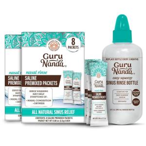 GuruNanda Sinus Rinse Bottle & Saline Premixed Packets 16ct – All Natural Sinus Rinse Packets to Help with Allergies & Congestion Relief, 0.08oz Each