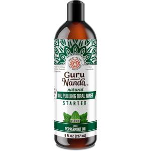 GuruNanda Starter Pulling Oil Mouthwash for Natural Teeth Whitening, Coconut and Peppermint Oil for Fresh Breath & Happy Gums, Alcohol-Free, 8 Oz