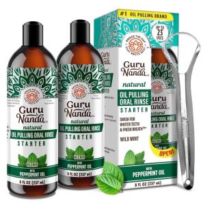 GuruNanda Starter Pulling Oil Mouthwash for Natural Teeth Whitening, Coconut and Peppermint Oil for Fresh Breath & Happy Gums, with Toothbrush & Tongue Scraper, Alcohol-Free, 8 Oz(8 Fl Oz (Pack of 2))