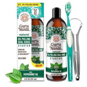 GuruNanda Starter Pulling Oil Mouthwash for Natural Teeth Whitening, Coconut and Peppermint Oil for Fresh Breath & Happy Gums, with Toothbrush & Tongue Scraper, Alcohol-Free, 8 Oz(8 Fl Oz (Pack of 1))