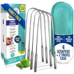 GuruNanda Tongue Scraper for Adults (2 Pack) with Travel Case, 420 Medical-Grade 100% Stainless Steel Tongue Cleaner, Aids in Fresh Breath & Oral Care(Pack of 4 – U Shaped)