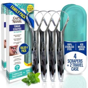 GuruNanda Tongue Scraper for Adults (2 Pack) with Travel Case, 420 Medical-Grade 100% Stainless Steel Tongue Cleaner, Aids in Fresh Breath & Oral Care(Pack of 4 – Spoon Shaped)