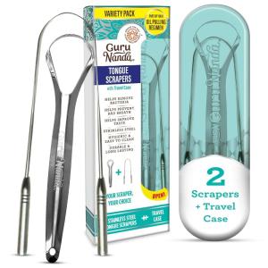 GuruNanda Tongue Scraper for Adults (2 Pack) with Travel Case, 420 Medical-Grade 100% Stainless Steel Tongue Cleaner, Aids in Fresh Breath & Oral Care(Pack of 2 – Combo Set (With Travel Case))