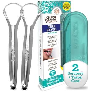 GuruNanda Tongue Scraper for Adults (2 Pack) with Travel Case, 420 Medical-Grade 100% Stainless Steel Tongue Cleaner, Aids in Fresh Breath & Oral Care(Pack of 2 – Spoon Shaped)