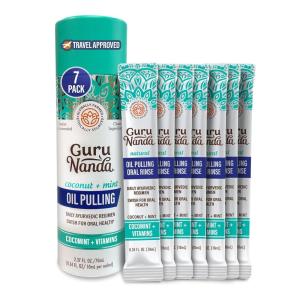 GuruNanda Travel Sachets Coconut Oil Pulling, Fresh Breath Mouthwash, 7 Essential Oils & Vitamins for Happy Teeth & Gums, 7 Sachets(0.34 Fl Oz (Pack of 7))