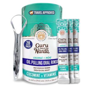 GuruNanda Travel Sachets Coconut Oil Pulling, Fresh Breath Mouthwash, 7 Essential Oils & Vitamins for Happy Teeth & Gums, 7 Sachets(0.4 Fl Oz (Pack of 28))