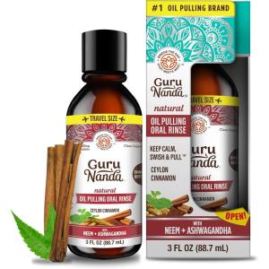GuruNanda Travel Size CocoMint Oil Pulling Mouthwash, 7 Essential Oils & Vitamins, Promotes Fresh Breath & Happy Gums, No Alcohol & Fluoride, 3 oz(Neem+Ashwagandha)