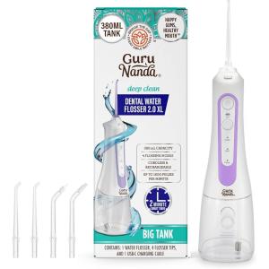 GuruNanda Water Dental Flosser 2.0 XL – 380ML Large Tank, 4 Flossing Modes, Cordless & Portable with Smart Timer for Deep Cleaning & Happy Gums – White(Lavender)