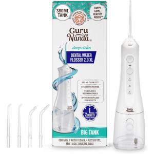 GuruNanda Water Dental Flosser 2.0 XL – 380ML Large Tank, 4 Flossing Modes, Cordless & Portable with Smart Timer for Deep Cleaning & Happy Gums – White(White)
