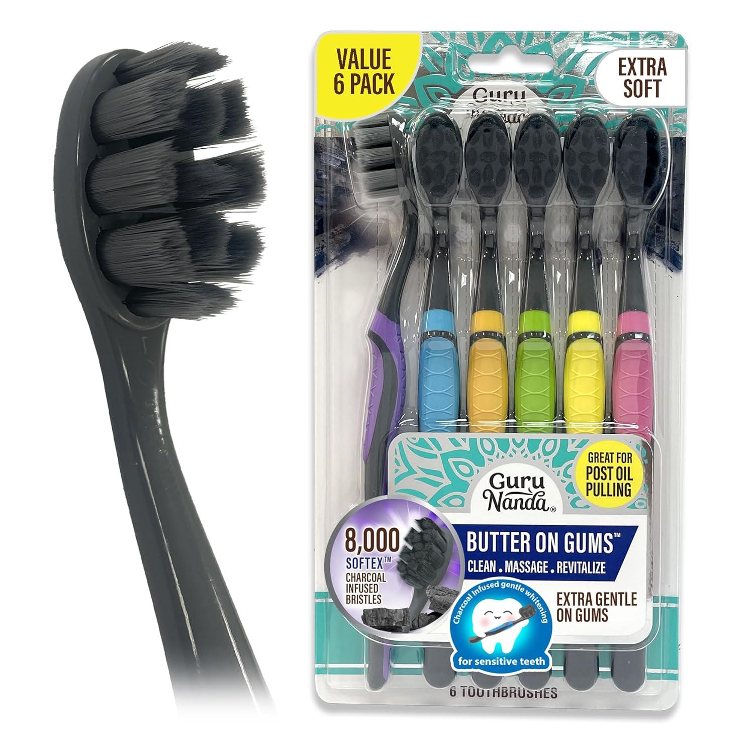 imageGuruNanda Butter on Gums Charcoal Toothbrush 8000 Softex Bristles for Sensitive Teeth ampamp Gums Aids in Teeth Whitening Extra Soft 1 CountCharcoal