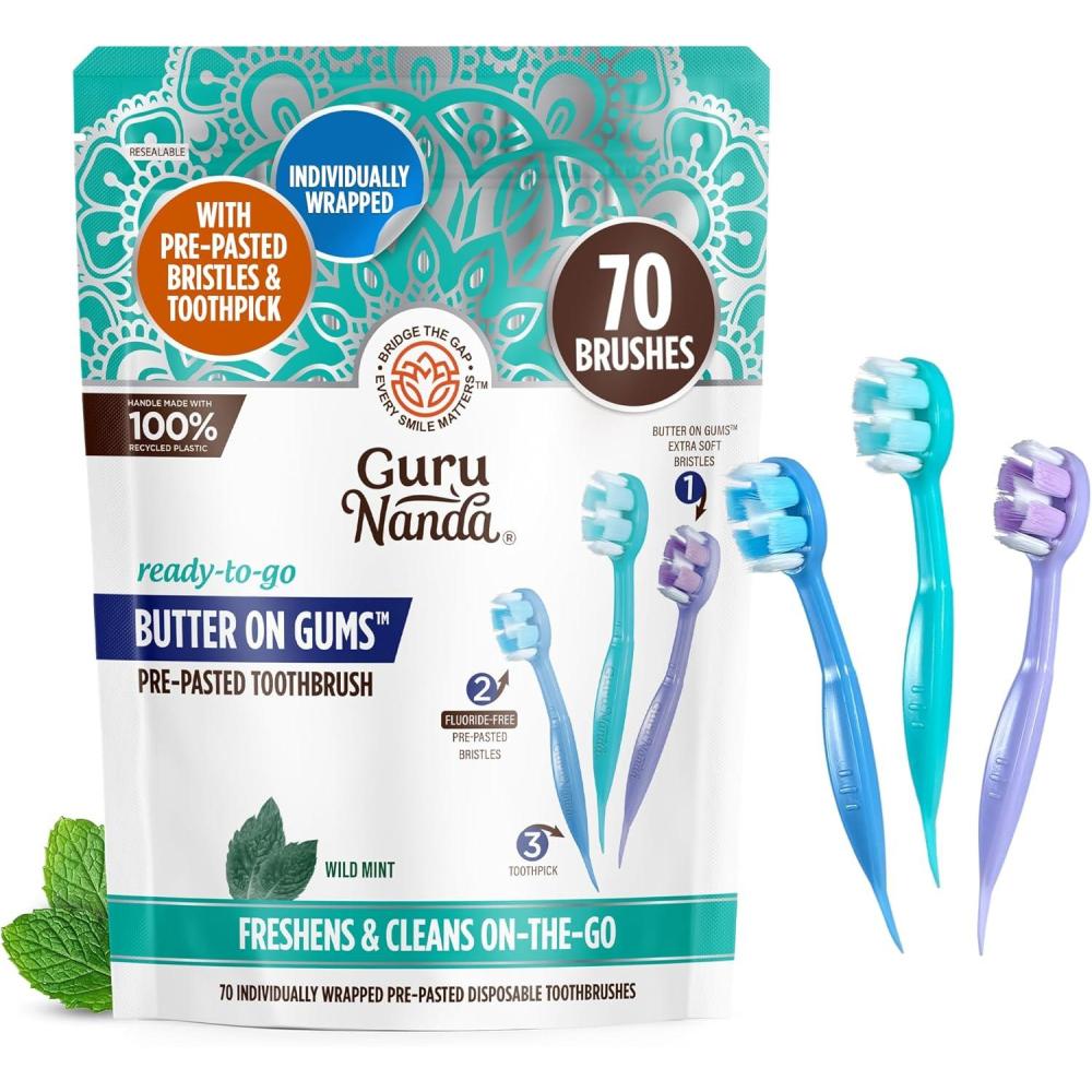 imageGuruNanda ReadytoGo Disposable Mini Travel Toothbrushes Butter on Gums Softex Bristles PrePasted Toothbrush ampamp Toothpick FluorideFree No Rinsing Needed 70 Ct