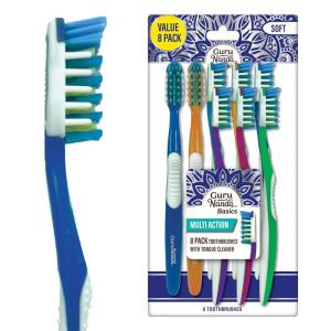 GuruNanda Multi-Action Toothbrush with Tongue Cleaner – Soft Bristles for Sensitive Teeth & Gums – Assorted Colors, Pack of 8