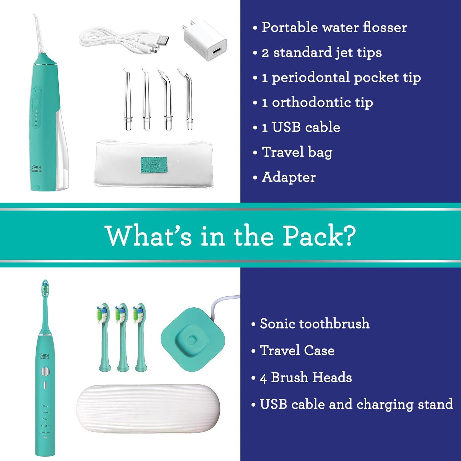 imageGuruNanda Lion ampamp Lamb Kit Teal Portable Water Flosser 300ml with 4 Jet Tips ampamp 5000 mAH Rechargeable Sonic Toothbrush with 4 Brush Heads ampamp More