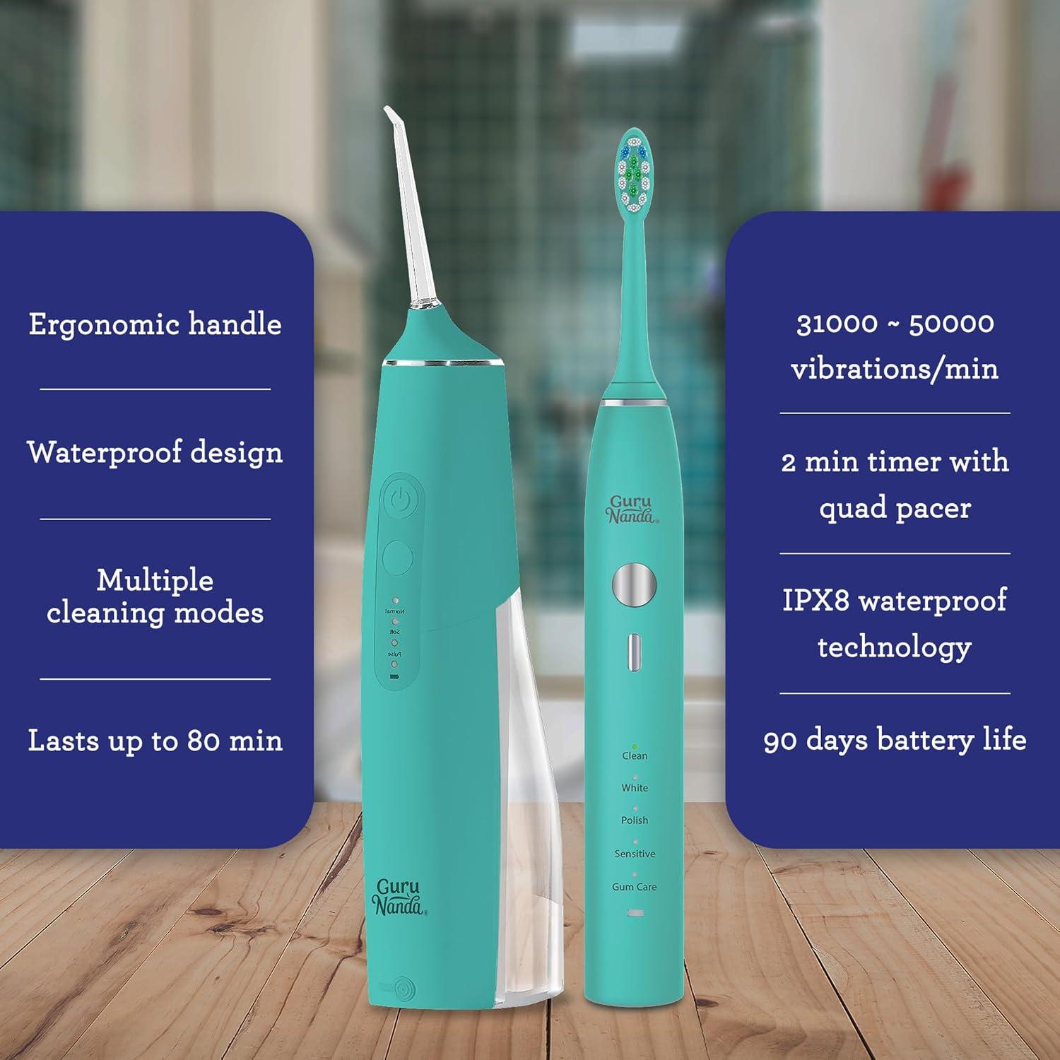 imageGuruNanda Lion ampamp Lamb Kit Teal Portable Water Flosser 300ml with 4 Jet Tips ampamp 5000 mAH Rechargeable Sonic Toothbrush with 4 Brush Heads ampamp More