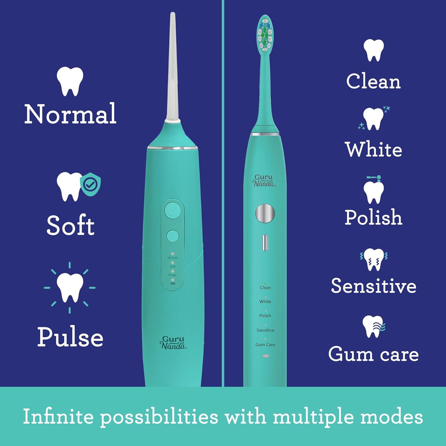 imageGuruNanda Lion ampamp Lamb Kit Teal Portable Water Flosser 300ml with 4 Jet Tips ampamp 5000 mAH Rechargeable Sonic Toothbrush with 4 Brush Heads ampamp More